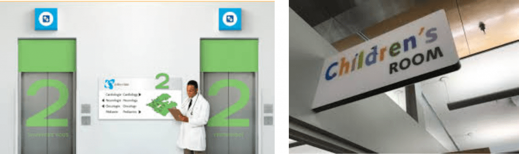 Hospital elevators and children's room sign.