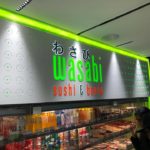 Sign for japanese restaurant in mall "Wasabi sushi & bento"