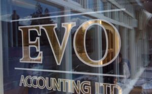 Window lettering for office "EVO accounting Ltd"